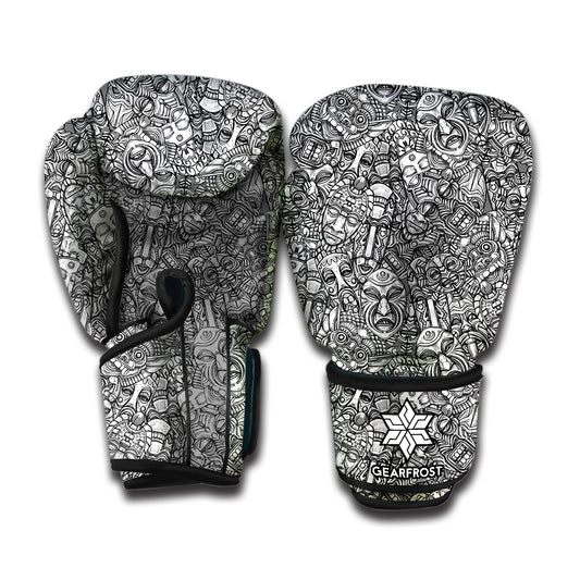 Grey And White Totem Pattern Print Boxing Gloves