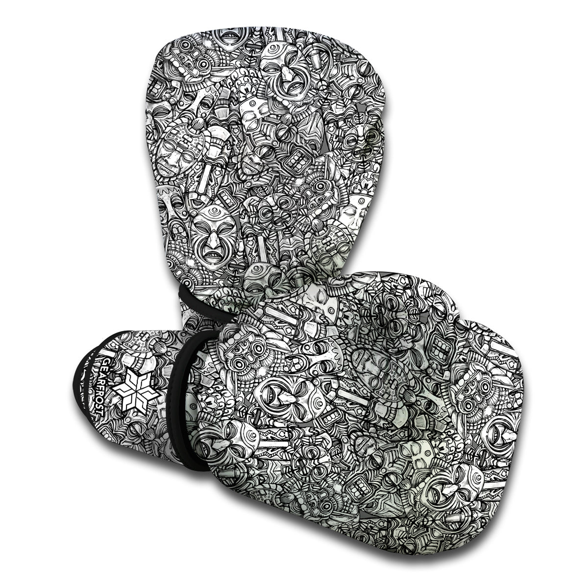 Grey And White Totem Pattern Print Boxing Gloves