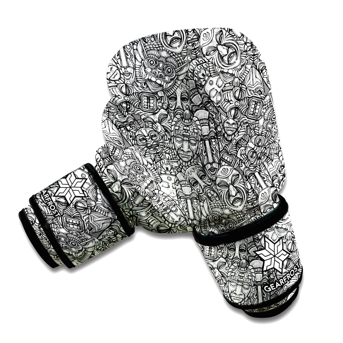 Grey And White Totem Pattern Print Boxing Gloves