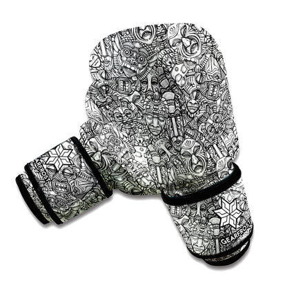 Grey And White Totem Pattern Print Boxing Gloves