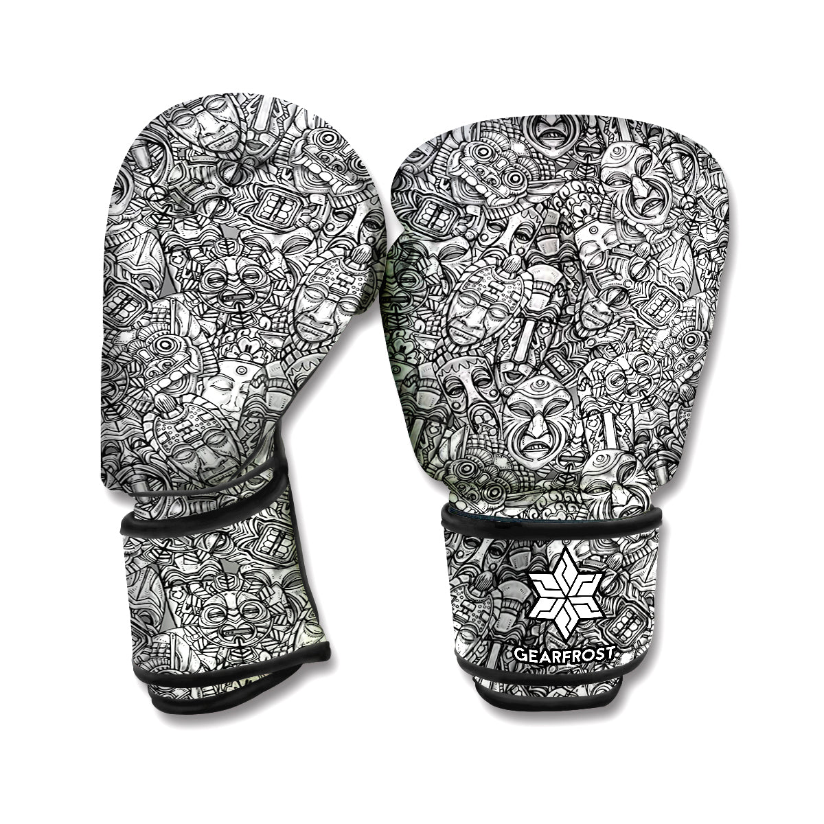 Grey And White Totem Pattern Print Boxing Gloves