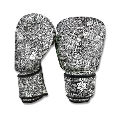 Grey And White Totem Pattern Print Boxing Gloves