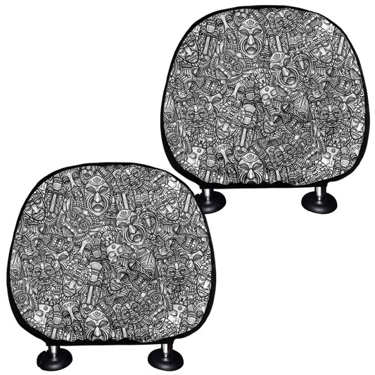 Grey And White Totem Pattern Print Car Headrest Covers