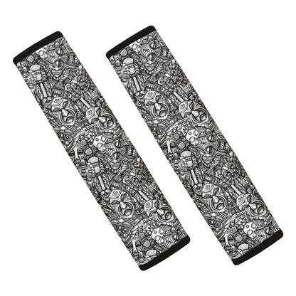 Grey And White Totem Pattern Print Car Seat Belt Covers