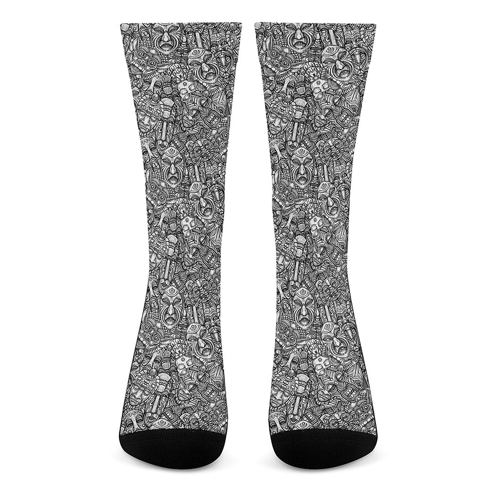 Grey And White Totem Pattern Print Crew Socks