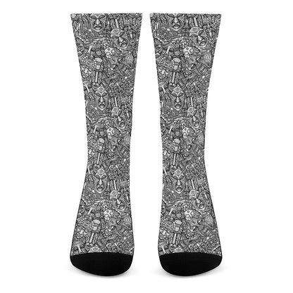 Grey And White Totem Pattern Print Crew Socks