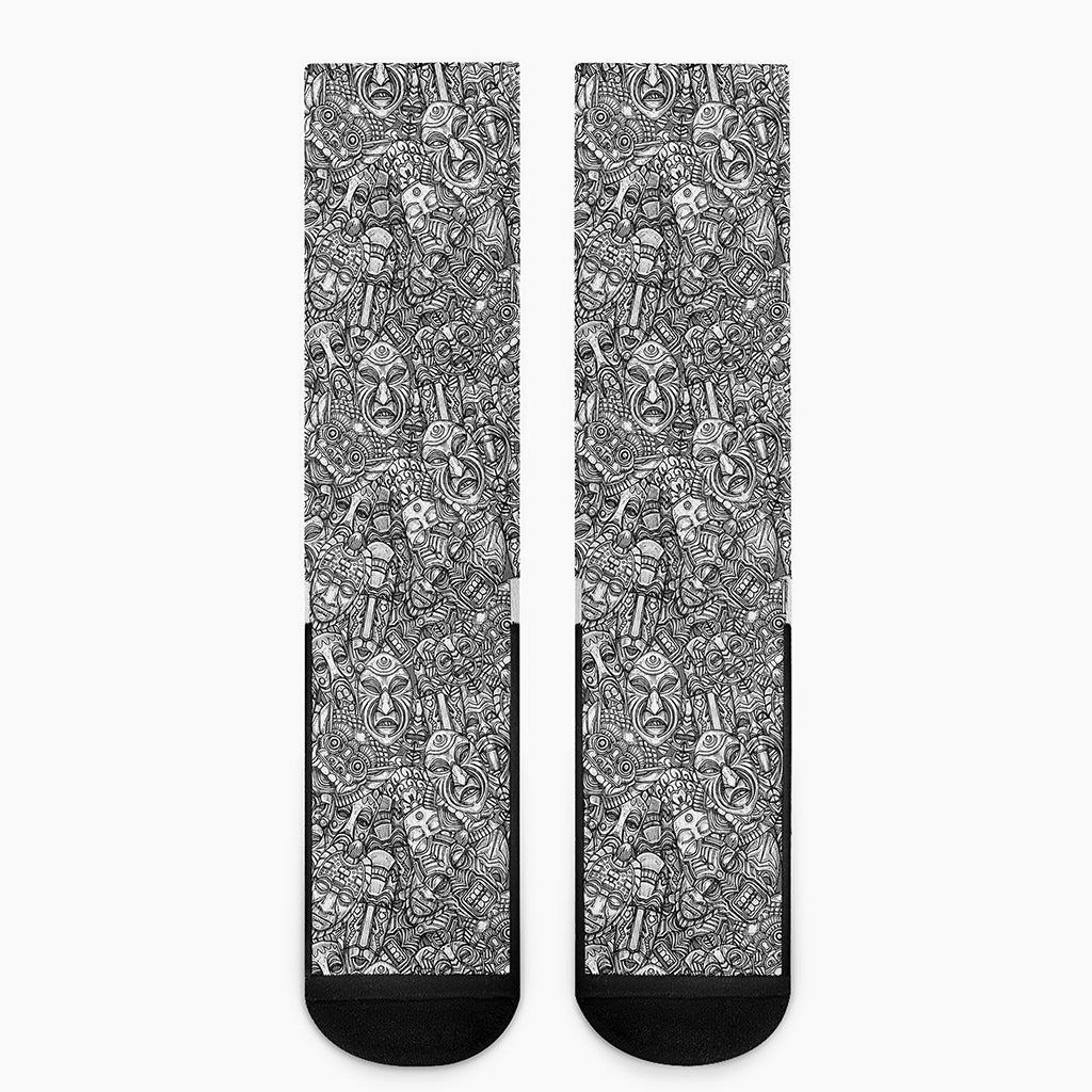 Grey And White Totem Pattern Print Crew Socks