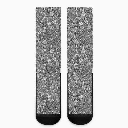 Grey And White Totem Pattern Print Crew Socks