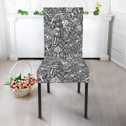 Grey And White Totem Pattern Print Dining Chair Slipcover