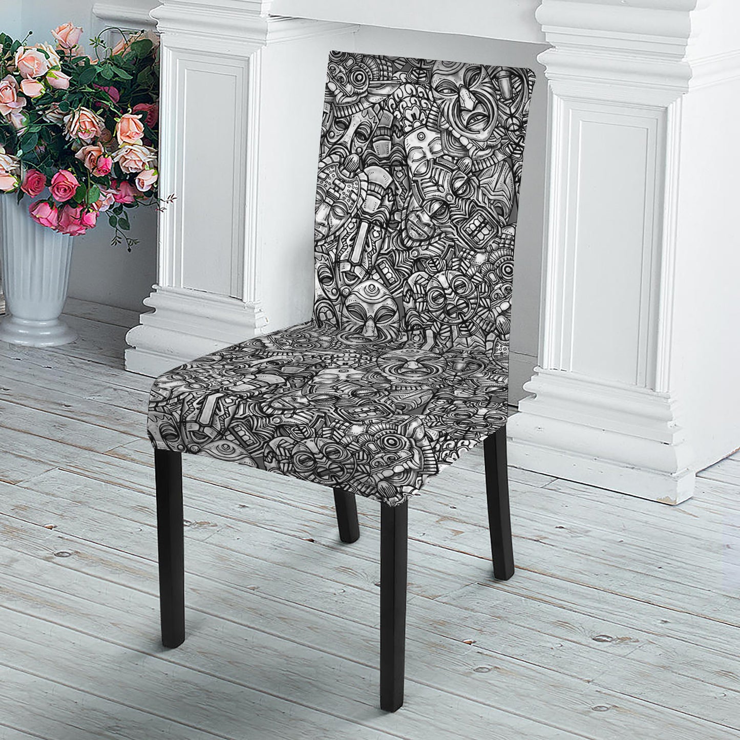 Grey And White Totem Pattern Print Dining Chair Slipcover
