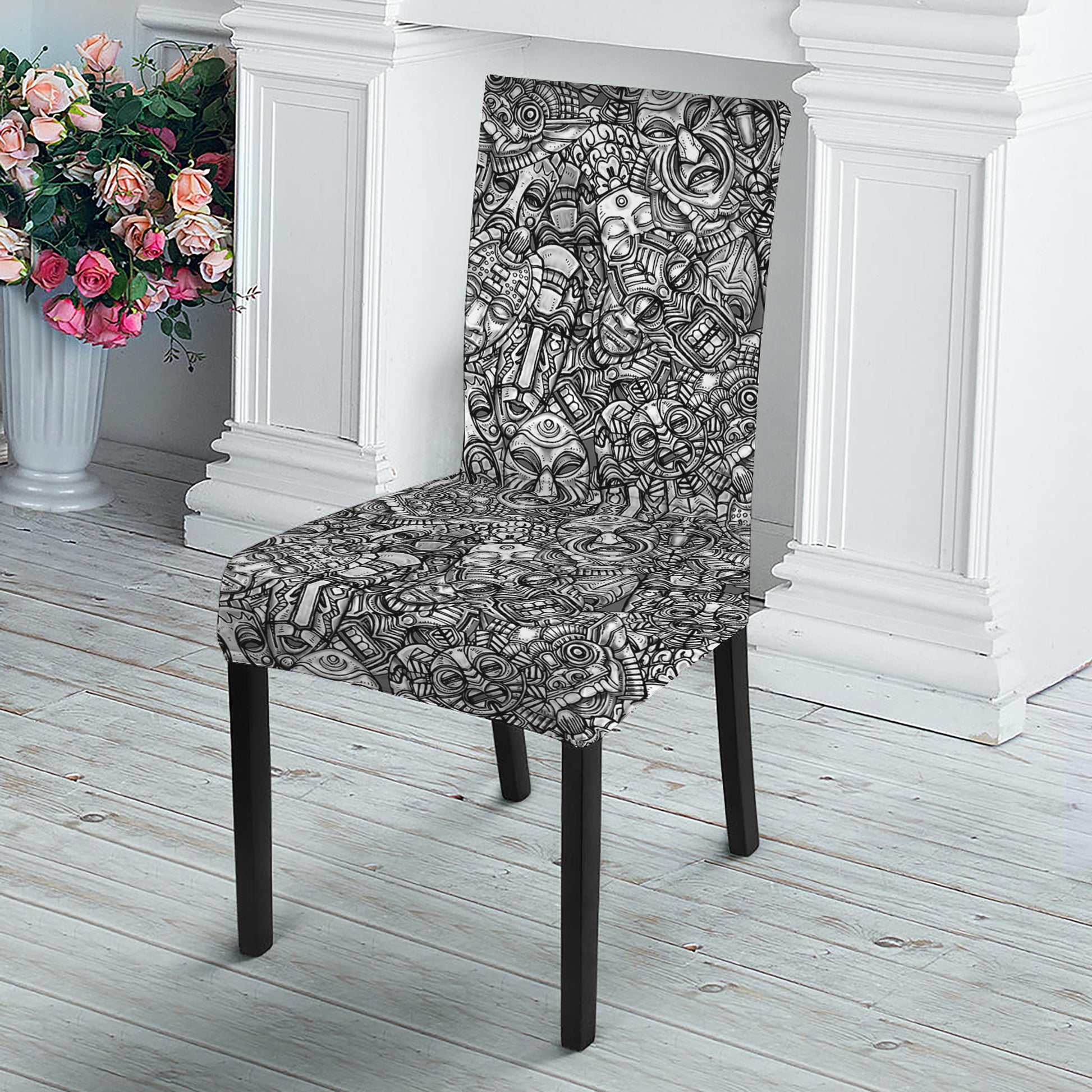 Grey And White Totem Pattern Print Dining Chair Slipcover