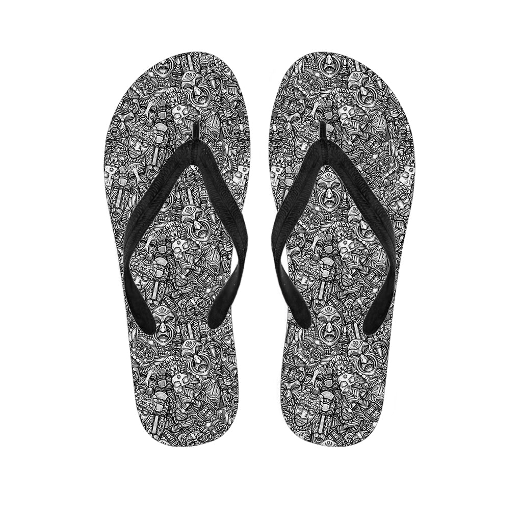 Grey And White Totem Pattern Print Flip Flops