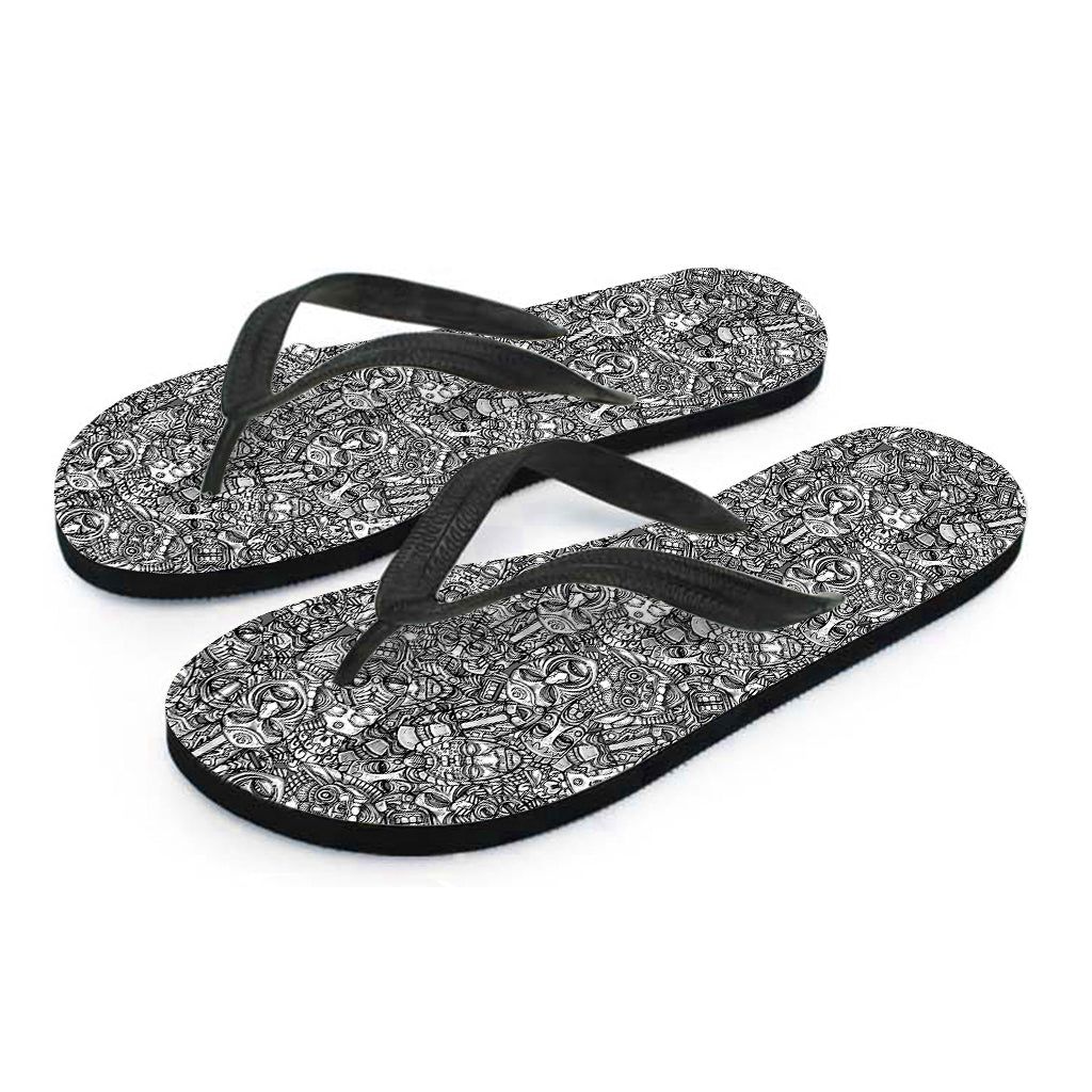Grey And White Totem Pattern Print Flip Flops