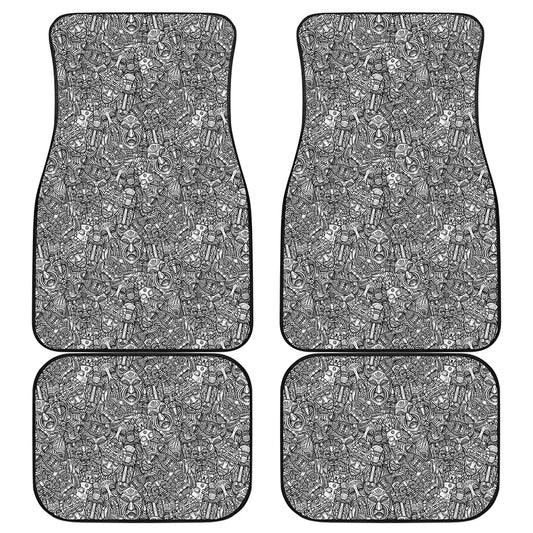 Grey And White Totem Pattern Print Front and Back Car Floor Mats
