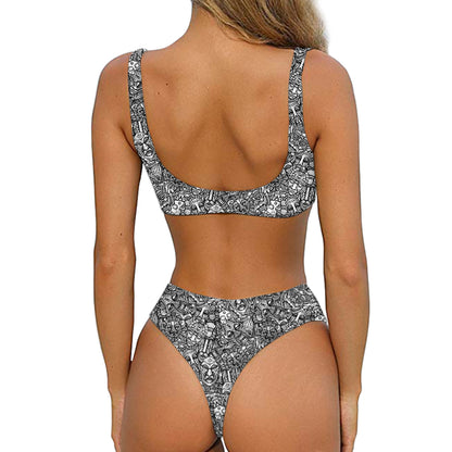 Grey And White Totem Pattern Print Front Bow Tie Bikini