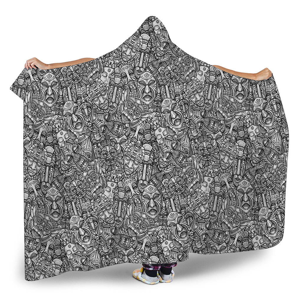 Grey And White Totem Pattern Print Hooded Blanket