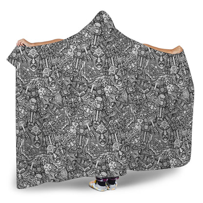 Grey And White Totem Pattern Print Hooded Blanket
