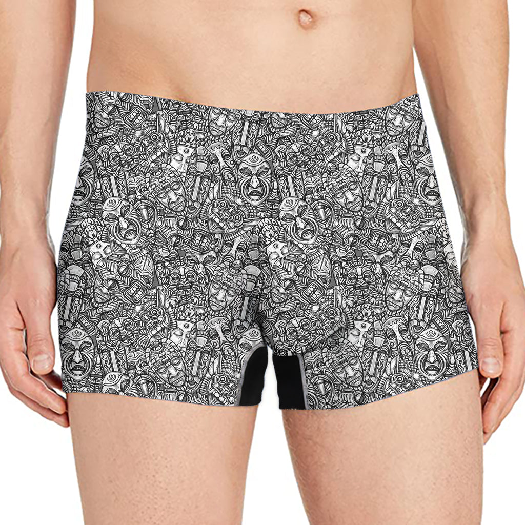 Grey And White Totem Pattern Print Men's Boxer Briefs