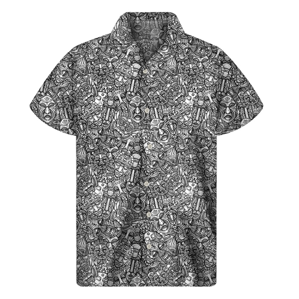 Grey And White Totem Pattern Print Men's Short Sleeve Shirt