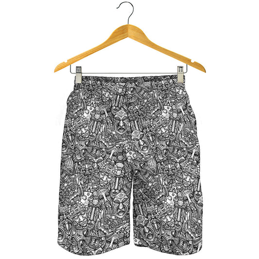Grey And White Totem Pattern Print Men's Shorts