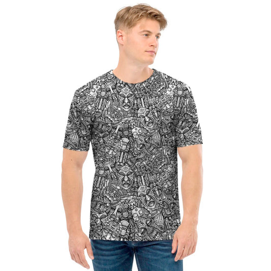 Grey And White Totem Pattern Print Men's T-Shirt