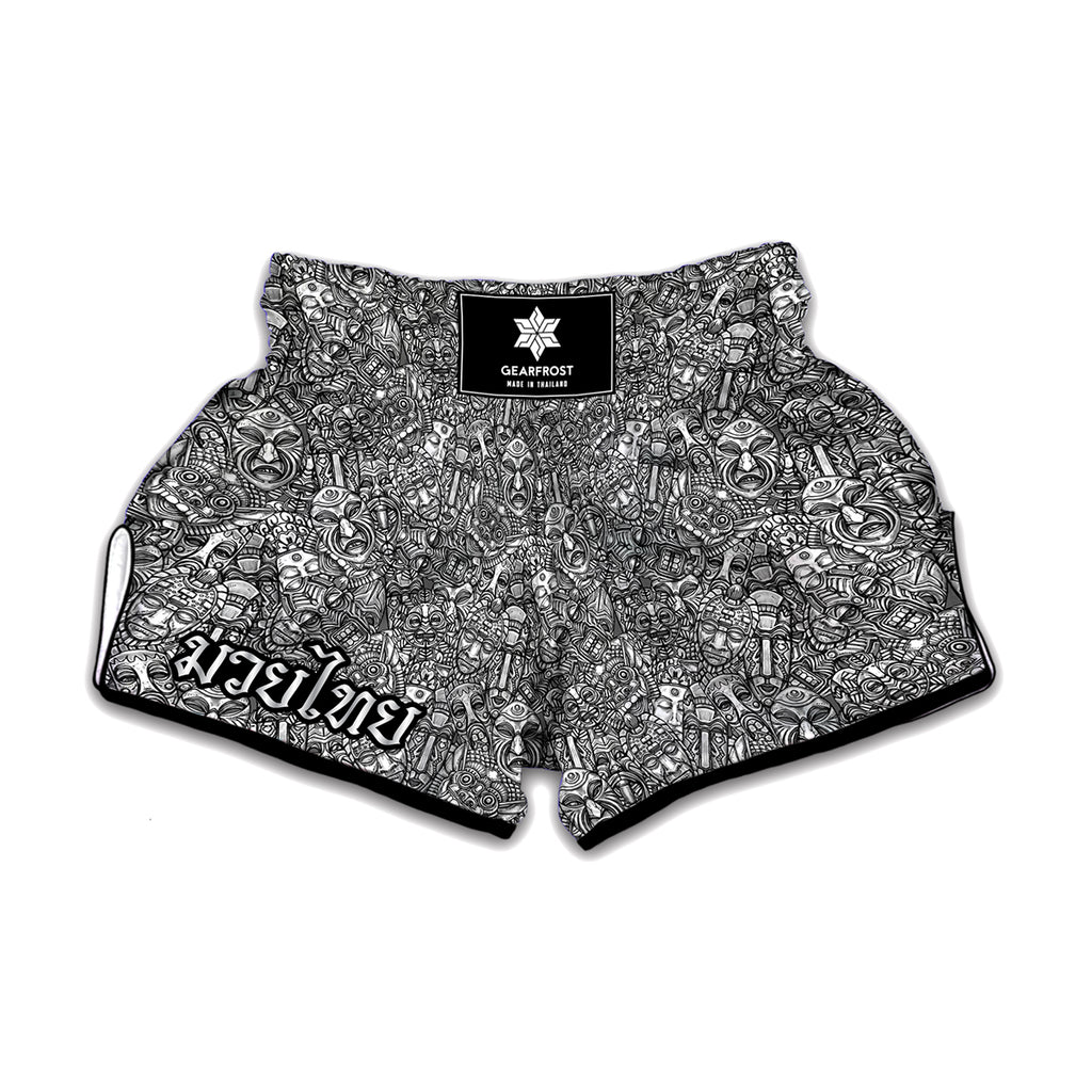 Grey And White Totem Pattern Print Muay Thai Boxing Shorts