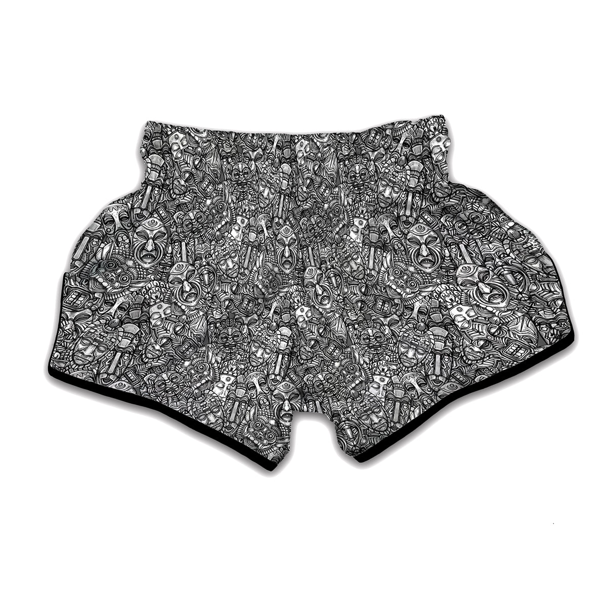 Grey And White Totem Pattern Print Muay Thai Boxing Shorts