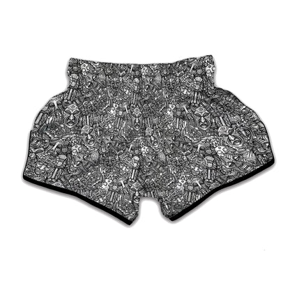 Grey And White Totem Pattern Print Muay Thai Boxing Shorts