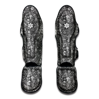 Grey And White Totem Pattern Print Muay Thai Shin Guard