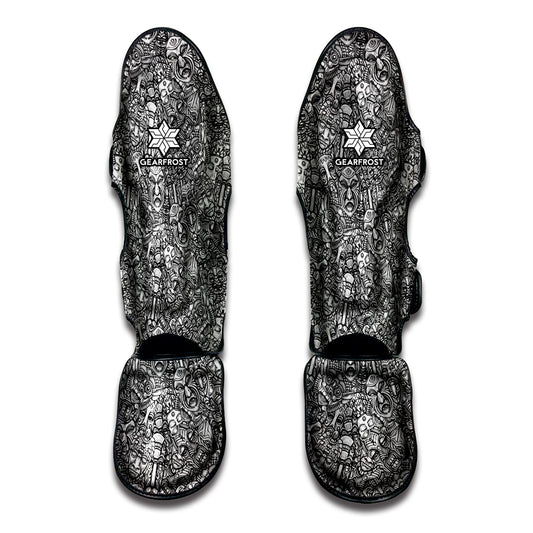 Grey And White Totem Pattern Print Muay Thai Shin Guard
