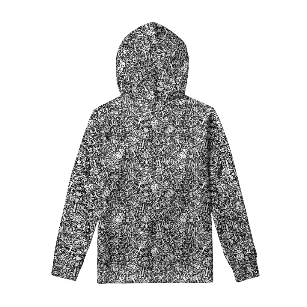 Grey And White Totem Pattern Print Pullover Hoodie