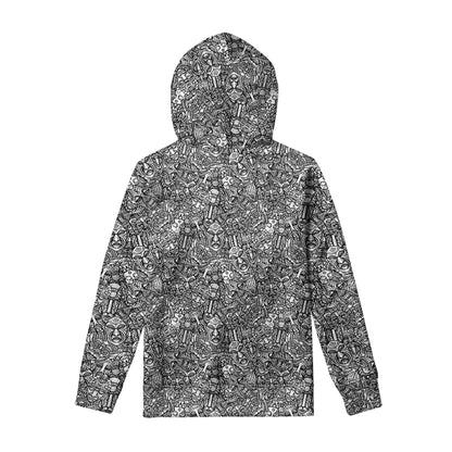 Grey And White Totem Pattern Print Pullover Hoodie
