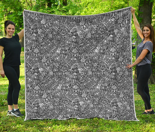 Grey And White Totem Pattern Print Quilt