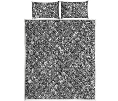 Grey And White Totem Pattern Print Quilt Bed Set