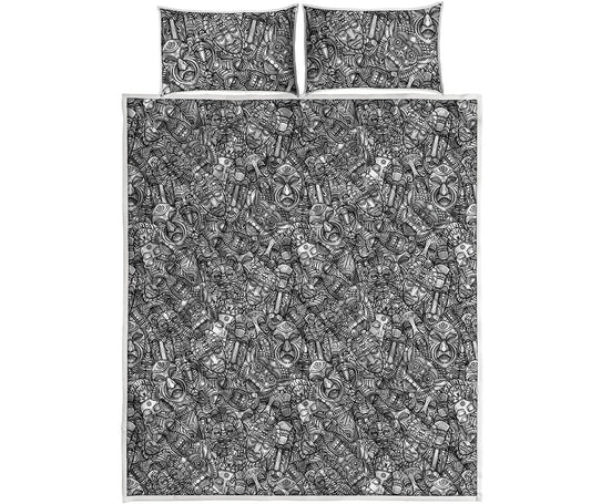 Grey And White Totem Pattern Print Quilt Bed Set