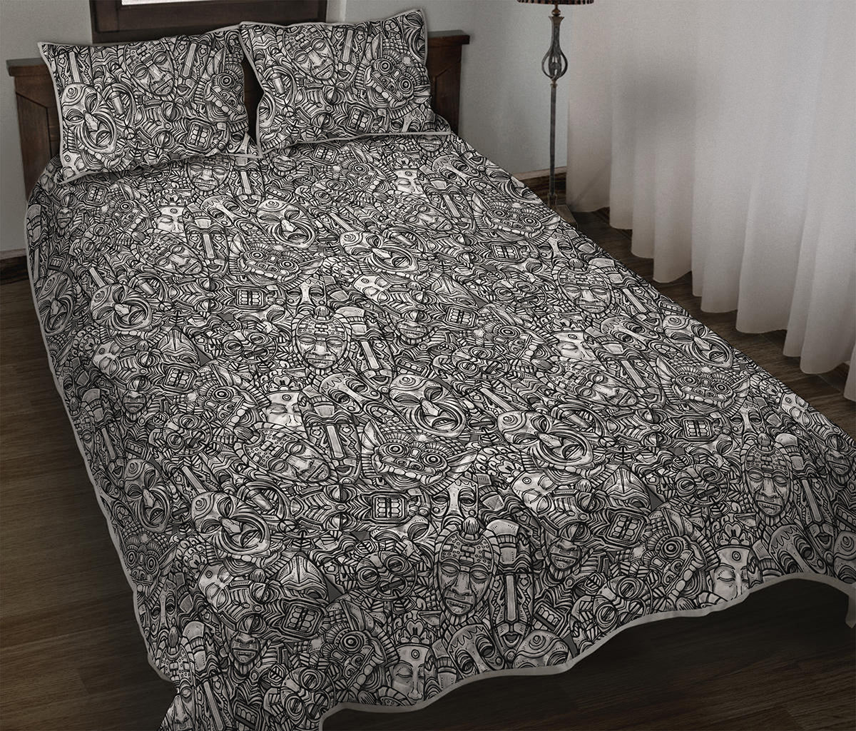 Grey And White Totem Pattern Print Quilt Bed Set