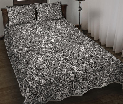 Grey And White Totem Pattern Print Quilt Bed Set