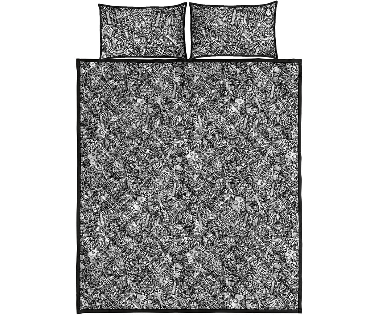 Grey And White Totem Pattern Print Quilt Bed Set