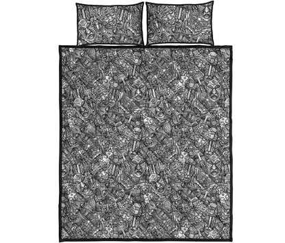 Grey And White Totem Pattern Print Quilt Bed Set