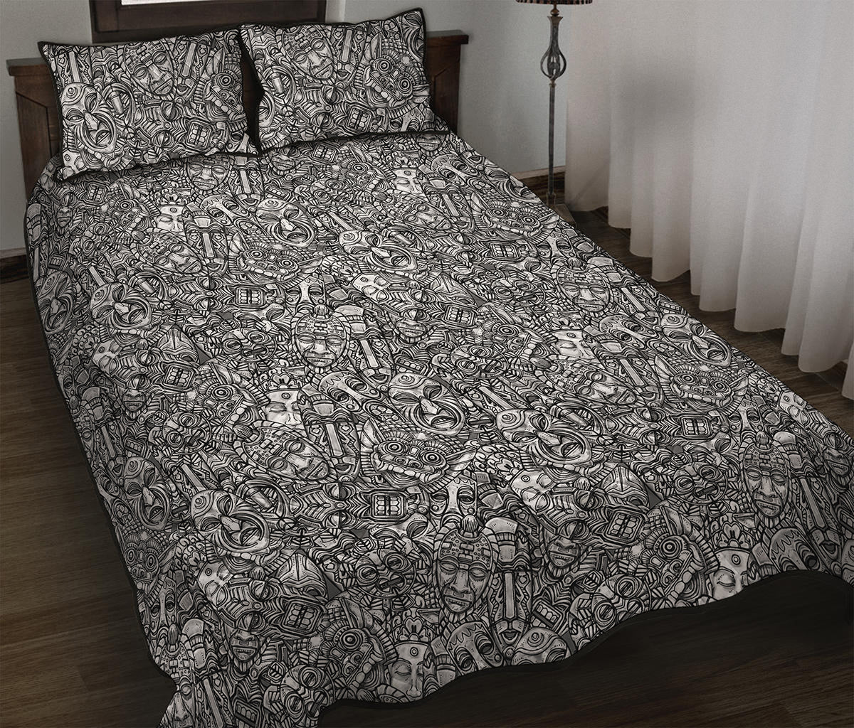 Grey And White Totem Pattern Print Quilt Bed Set