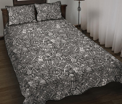 Grey And White Totem Pattern Print Quilt Bed Set