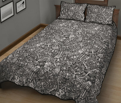 Grey And White Totem Pattern Print Quilt Bed Set