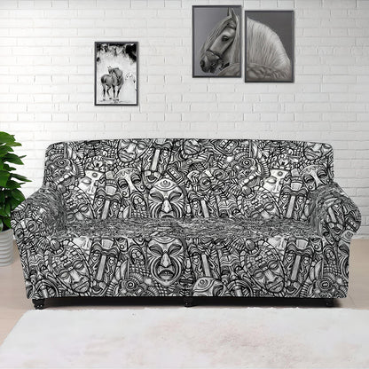 Grey And White Totem Pattern Print Sofa Cover
