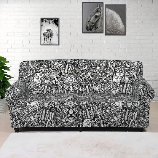 Grey And White Totem Pattern Print Sofa Cover