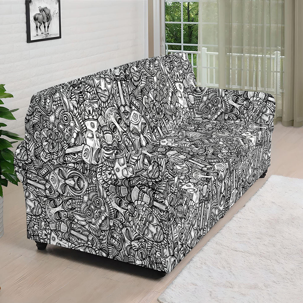 Grey And White Totem Pattern Print Sofa Cover