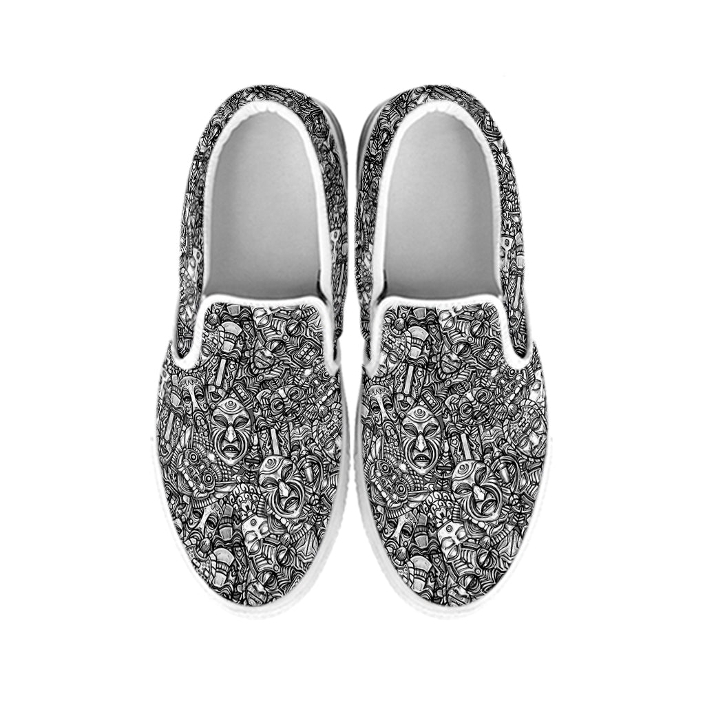 Grey And White Totem Pattern Print White Slip On Shoes