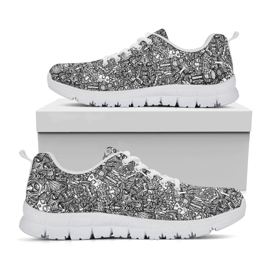 Grey And White Totem Pattern Print White Sneakers