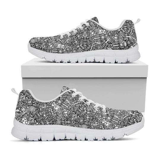 Grey And White Totem Pattern Print White Sneakers