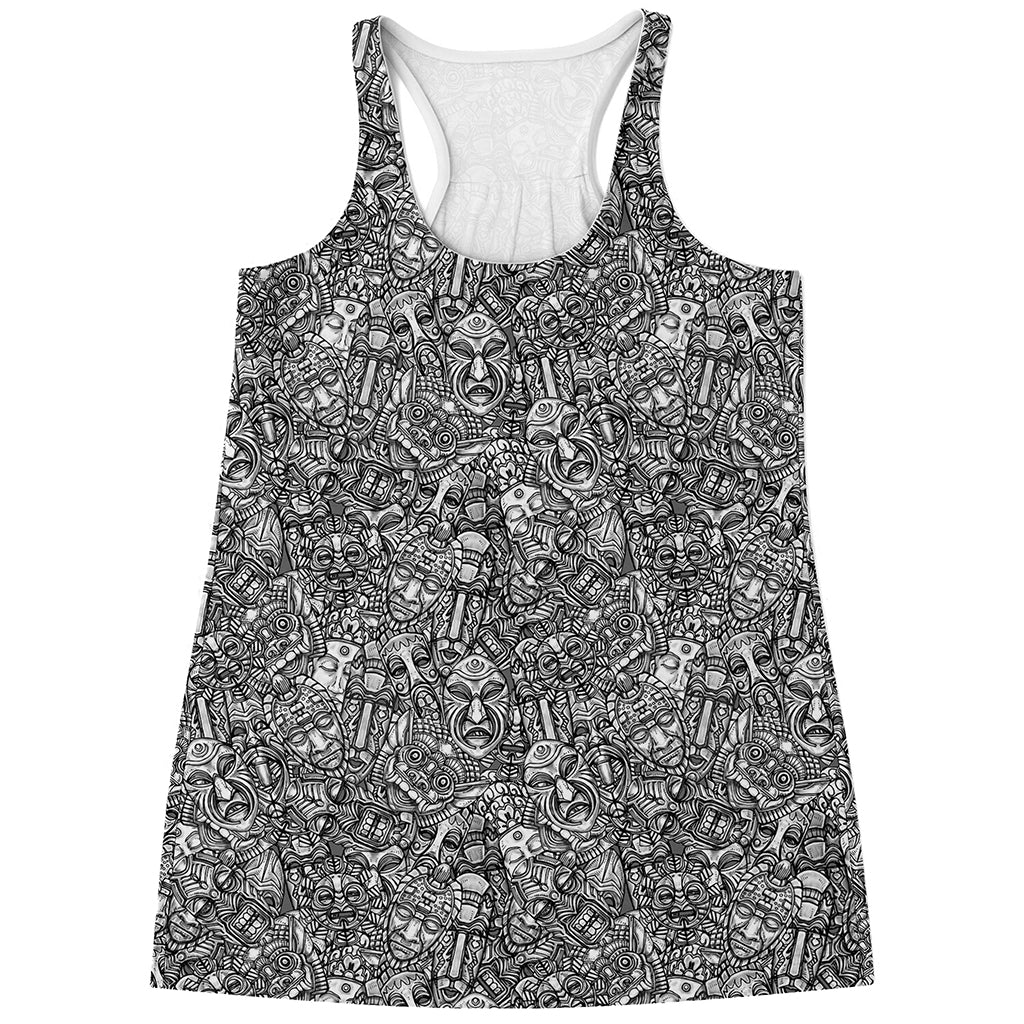 Grey And White Totem Pattern Print Women's Racerback Tank Top