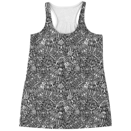 Grey And White Totem Pattern Print Women's Racerback Tank Top